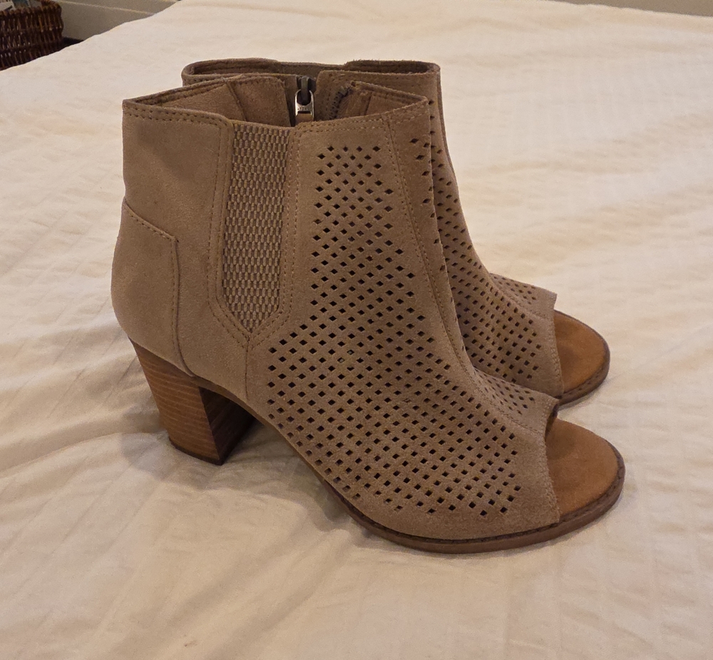 TOMS Taupe Perforated Suede Peep-Toe Ankle Booties